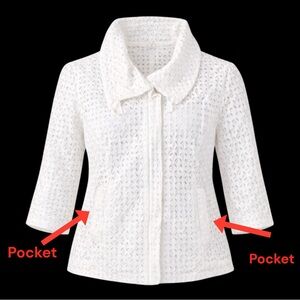 Ann Taylor LOFT Eyelet Zip Jacket White Collared Pockets Ruffle Geometric Size 6